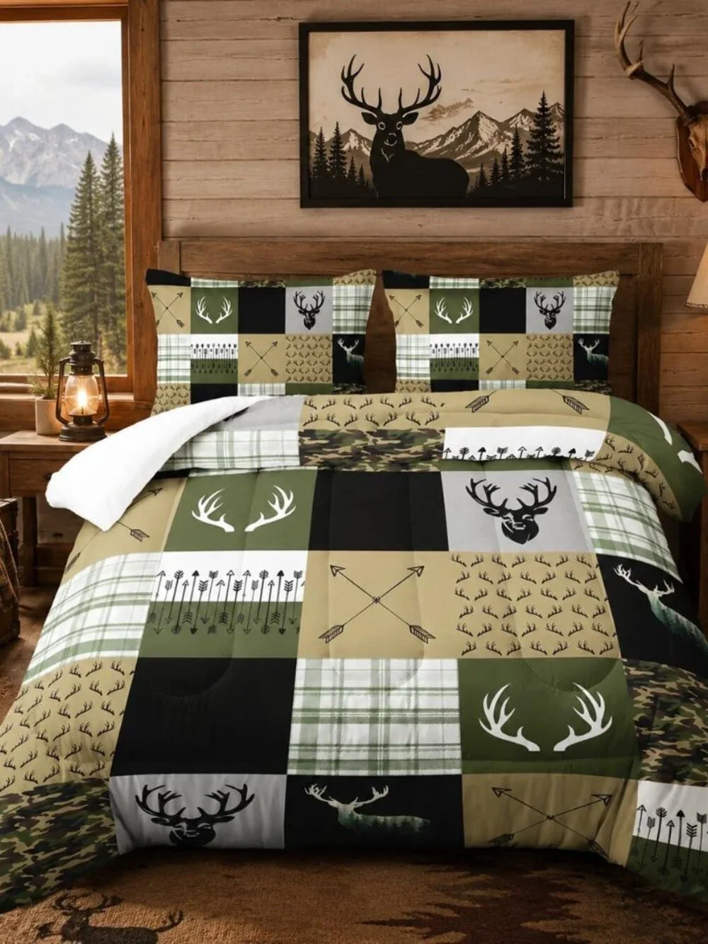 Hunting Camo Comforter Sets Queen Size，Bedding Sets for Kids,Arrows and Deers Co